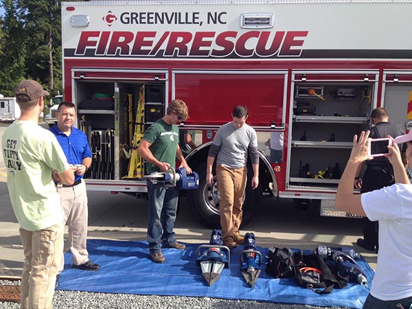 Students examining Greenville Fire/Rescue equipment